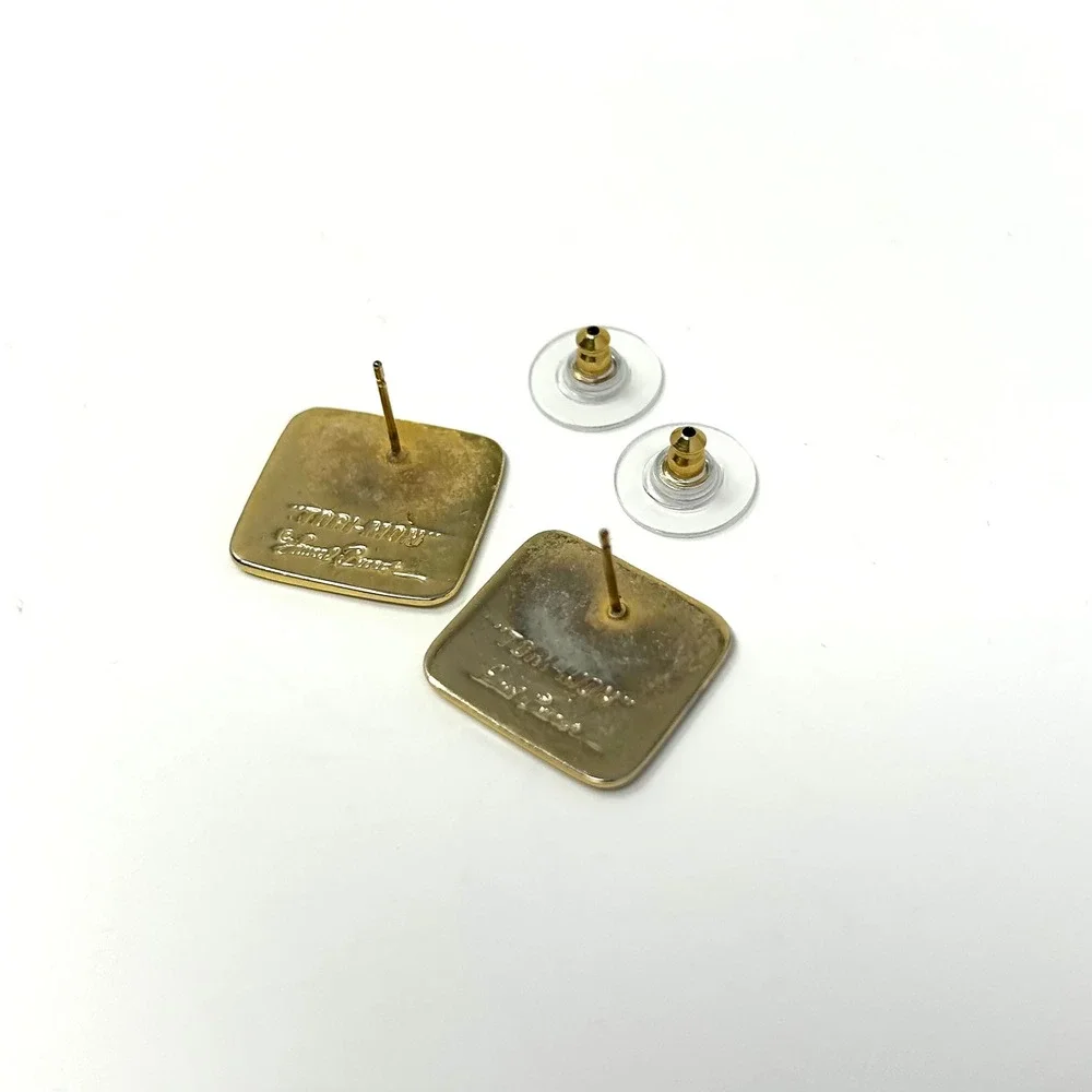 VTG Laurel‎ Burch Tori Mon Enamel Art Deco Square Stud Earrings Gold Tone
